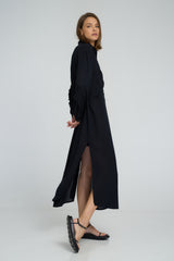 Side slit detail of LILYA Alina black rayon dress