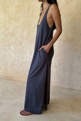 A side photo of the dune scoop neck jersey maxi dress
