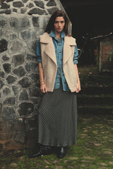 model wears joplin long skirt layered for winter weekend away