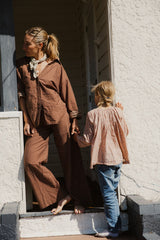 Mum wears striped Rio Pants wide leg pants