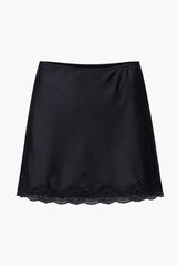 Ghost image of black satin mini skirt with lace trim