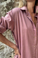 Detail photo of the collar and sleeves on the Sunset Stripe Shirt Dress perfect for women over 40