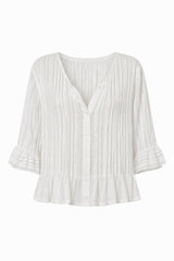 Ghost image of white pleated blouse with button front and elbow length sleeve with a small frill, perfect for summer days.