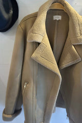 Detail photo of camel coloured winter shearling jacket by LILYA