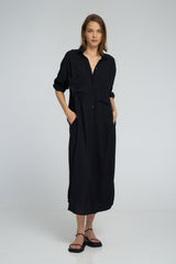 Collared neckline and front pockets on Alina Shirt Dress
