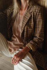 Longline checked jacket for women over 40 with relaxed tailoring