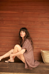 Close-up of wide draped sleeves on Georgie Shirt Chocolate