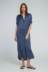 Ocean blue maxi shirt dress with short tacked sleeves and elegant side splits by LILYA
