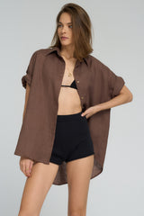 Side view of Café au Lait knit shorts