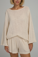 Allegra Natural cotton mesh top with wide rounded neckline and flared sleeves