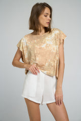 Close-up of round neckline on Pura Vida Tee Earth Tie Dye