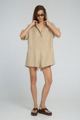 Front view of Del Rio Playsuit in Sand linen by LILYA