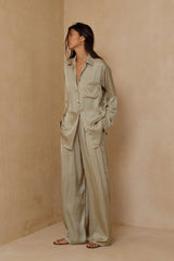 Desert Sage satin shirt with relaxed silhouette and fluid drape