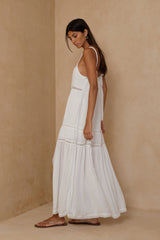 Elena maxi dress showing delicate lace trims and pintuck detailing