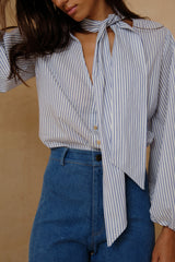 Easy blue stripe top styled with wide leg pants for casual wear