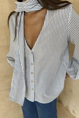 Easy blue stripe top styled with wide leg pants for casual wear