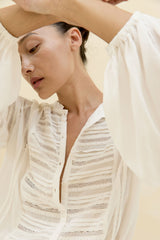 White rayon blouse with pintuck and lace detail