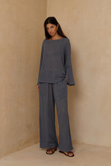 Storm Blue lightweight cotton mesh pants with relaxed wide-leg silhouette