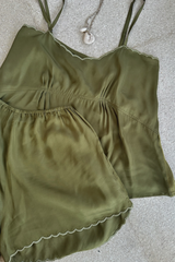 silky satin set in olive green colourway