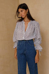 Cotton linen floral blouse with vintage-inspired feminine details