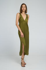 Olive maxi dress with curved side splits