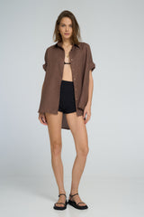 Lightweight linen fabric of Georgie Shirt in Chocolate