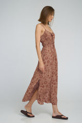 Smocked bodice detail on printed midi dress