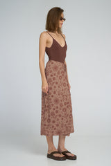 Side view of Hana Wrap Skirt midi length silhouette
