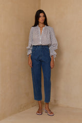 Mid Blue straight leg jeans with flattering high-rise waist