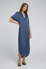 Lightweight flowing ocean blue maxi dress with button front and classic collar
