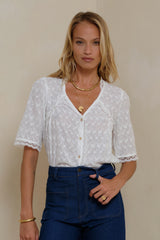 Detail of white lace embroidery on Napali Top