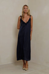 Deep V-neck navy slip dress by LILYA