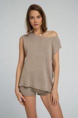 Relaxed lounge shorts styled with oversized knit top in Café Au Lait.