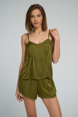 Olive silky shorts with soft drape fabric