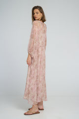 Back view of the LILYA Verbena floral maxi dress with elasticised sleeves