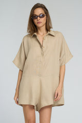 Close-up of breathable linen fabric in sand tone