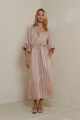 Lourdes Dress Seraphine Blush styled as an easy winter maxi dress