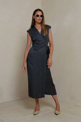 Retro print wrap dress featuring adjustable side straps