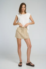 Front view of Wild Mini Skirt in Sand linen by LILYA