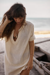 Relaxed fit mesh dress with elbow-length sleeves