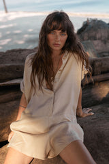 Model wearing Del Rio Playsuit with button-down detail