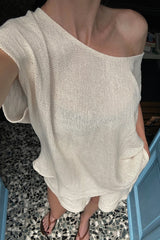 Natural cotton mesh top styled with matching shorts