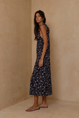 Navy floral midi dress with flattering gathered bust detail