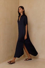 Button-through satin dress with fluid drape and soft sheen