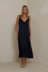 Elegant navy lace trimmed slip dress