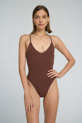 Front view of LILYA Pantai Swimsuit in neutral chocolate