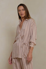 Pink striped wrap front shirt