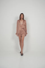 Layered styling with Roshi Shirt in rose bisque