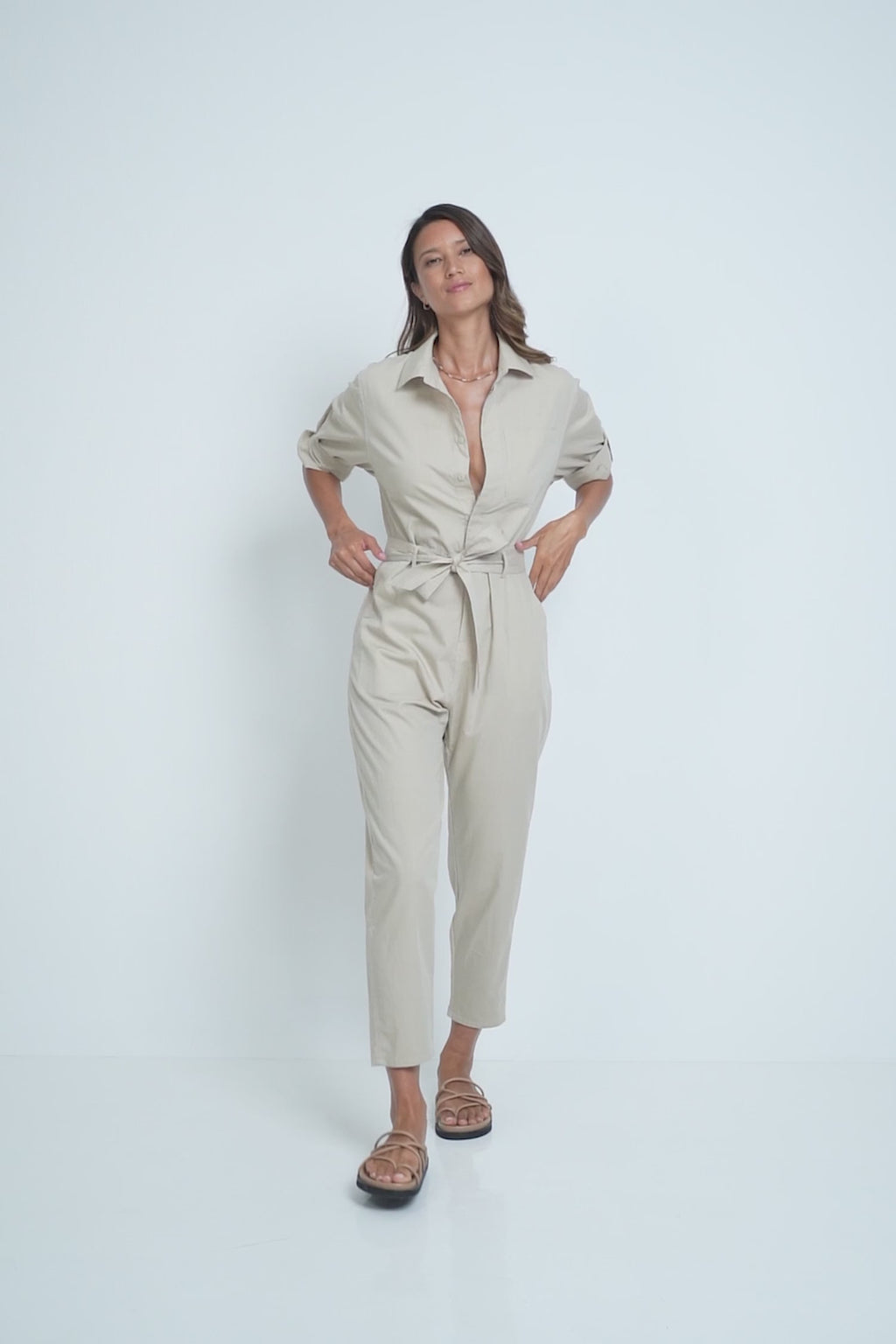 A Model Wearing a Natural Coloured Winter Jumpsuit