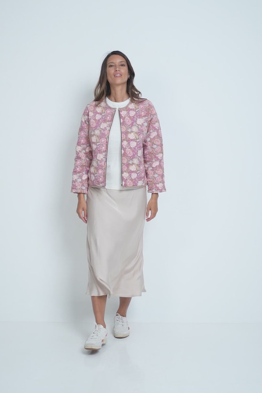 A Model Wearing a Pink Floral Autumn Jacket